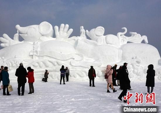 1月12日，游客在新疆博斯腾湖大河口景区欣赏雪雕。　确·胡热 摄